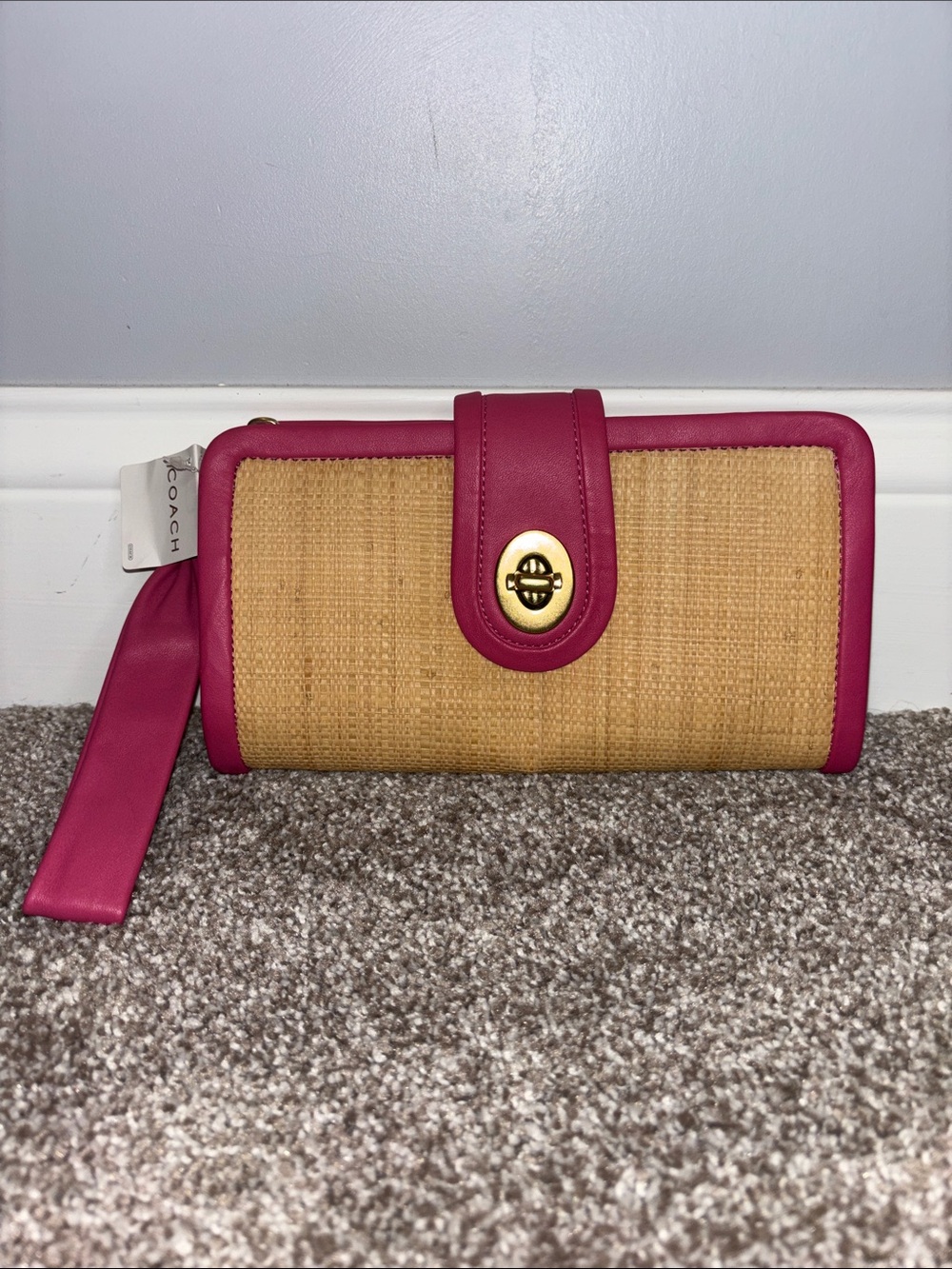 NWT Coach Parker Woven Straw Wristlet with Pink Leather Trim